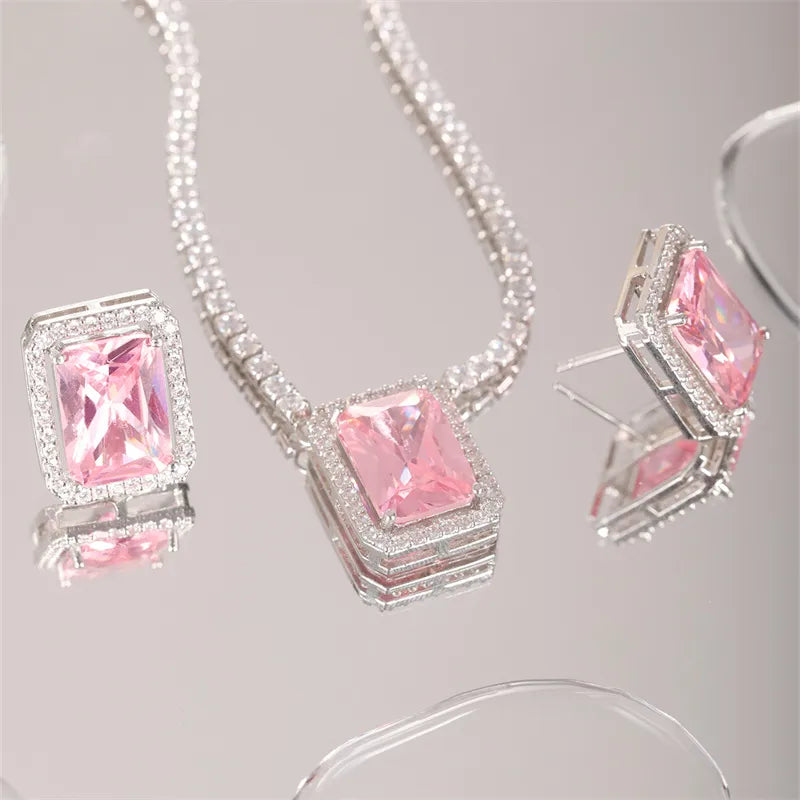 Copper K Gold Plated Elegant Simple Style Shiny Inlay Rectangle Zircon Jewelry Set