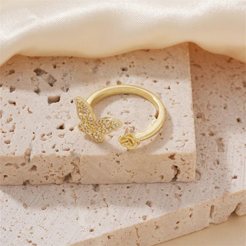 Copper K Gold Plated Hawaiian Tropical Classic Style Inlay Butterfly Gold White Diamond Open Rings