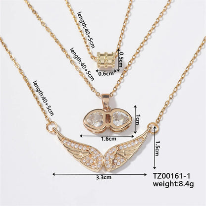 Copper K Gold Plated Hip-Hop Luxurious Plating Inlay Wings Zircon Pendant Necklace