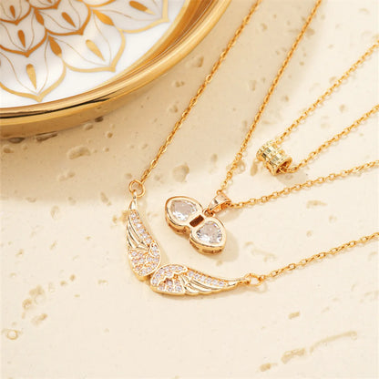 Copper K Gold Plated Hip-Hop Luxurious Plating Inlay Wings Zircon Pendant Necklace