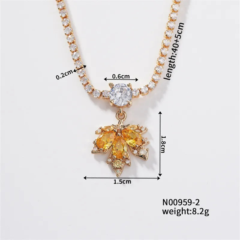 Copper K Gold Plated Hip-Hop Vacation Inlay Maple Leaf Flower Zircon Pendant Necklace