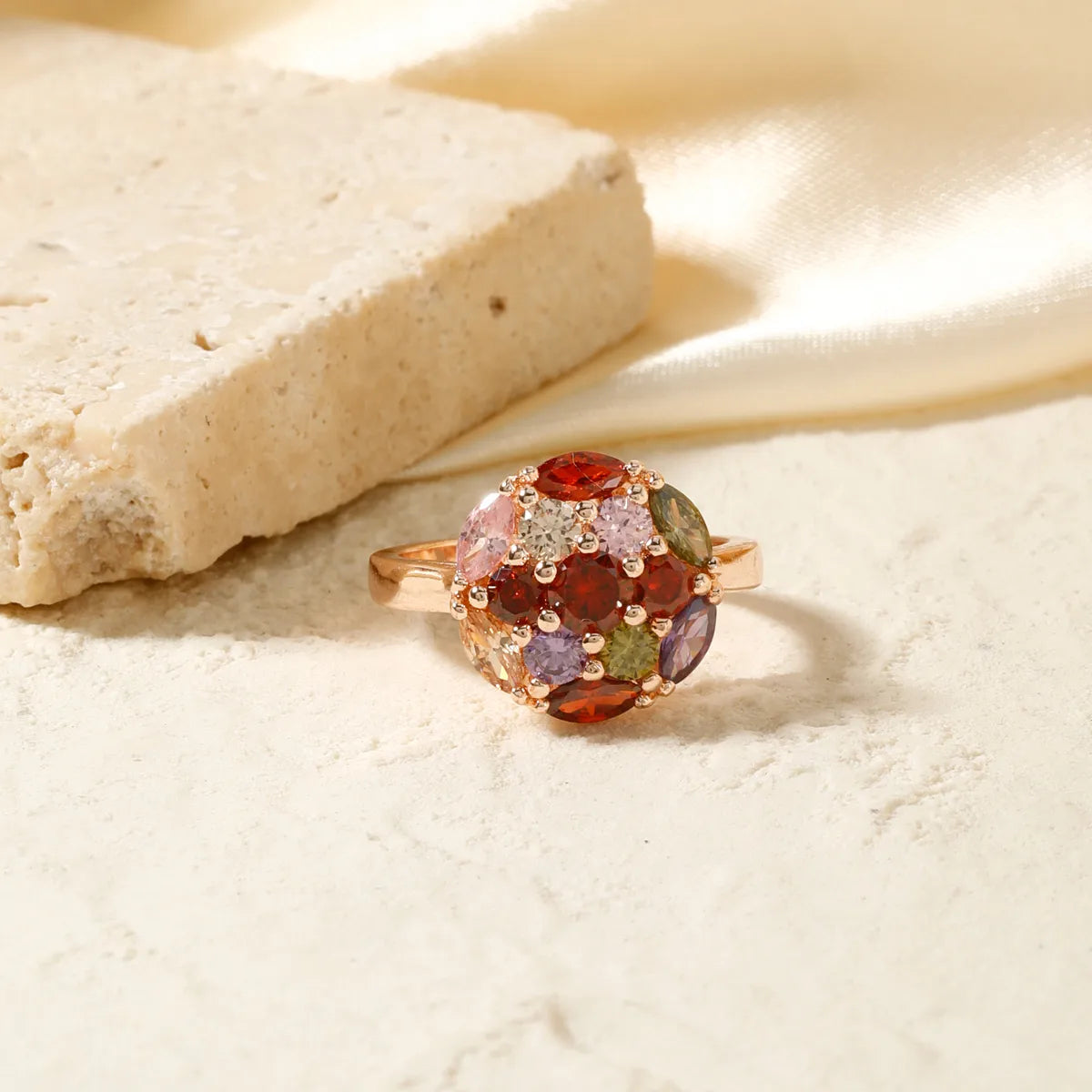 Copper K Gold Plated Inlay Floral Ball Zircon Rings