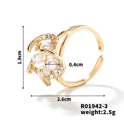 Copper K Gold Plated Modern Style Simple Style Classic Style Inlay Geometric Flower Artificial Pearls Open Rings