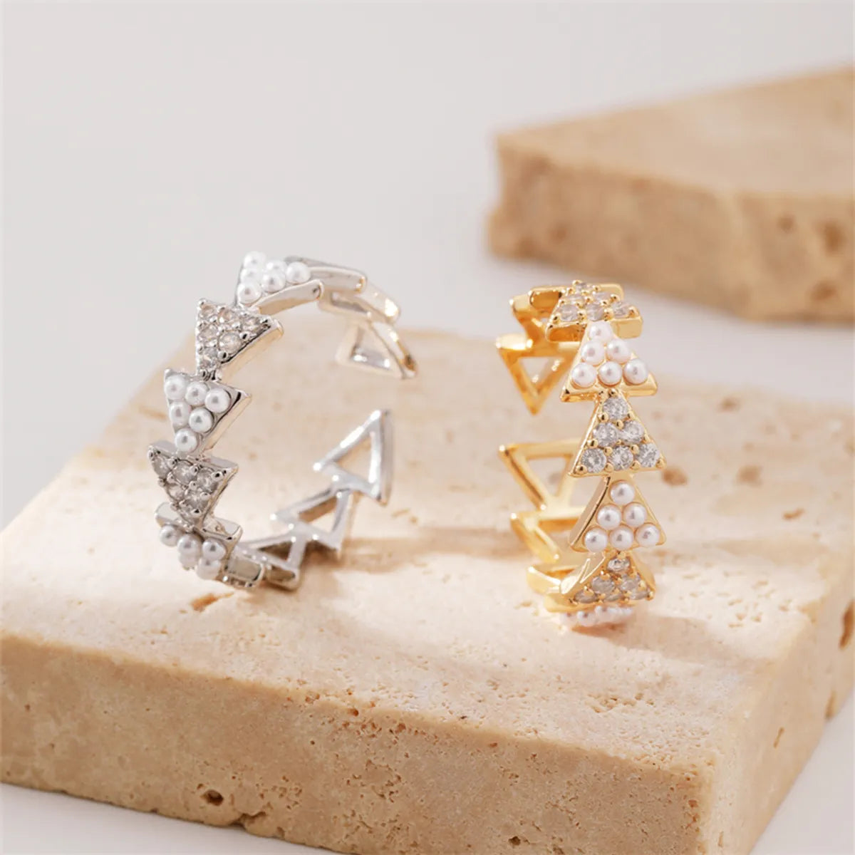 Copper K Gold Plated Rhodium Plated Casual Elegant Irregular Inlay Triangle Artificial Pearls Open Rings