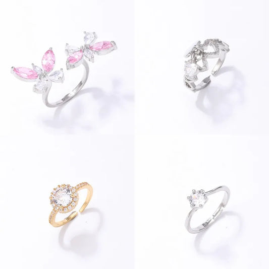 Copper K Gold Plated Rhodium Plated Elegant Shiny Inlay Heart Shape Butterfly Zircon Rings