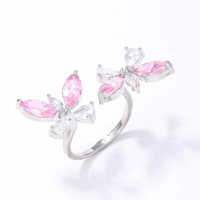 Copper K Gold Plated Rhodium Plated Elegant Shiny Inlay Heart Shape Butterfly Zircon Rings