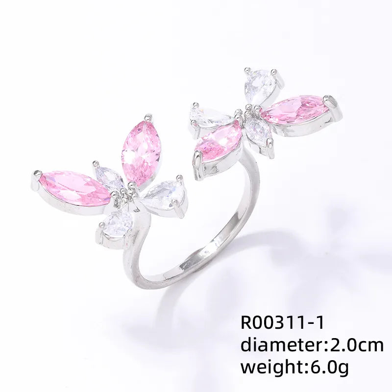 Copper K Gold Plated Rhodium Plated Elegant Shiny Inlay Heart Shape Butterfly Zircon Rings