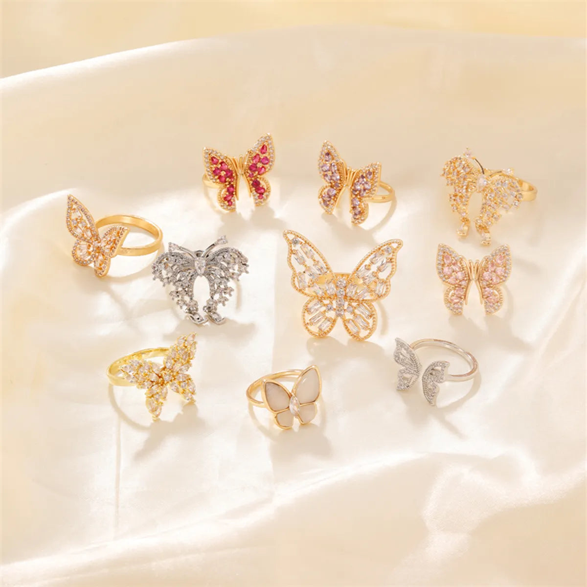 Copper K Gold Plated Rhodium Plated Sweet Simple Style Artistic Inlay Butterfly Zircon Open Rings