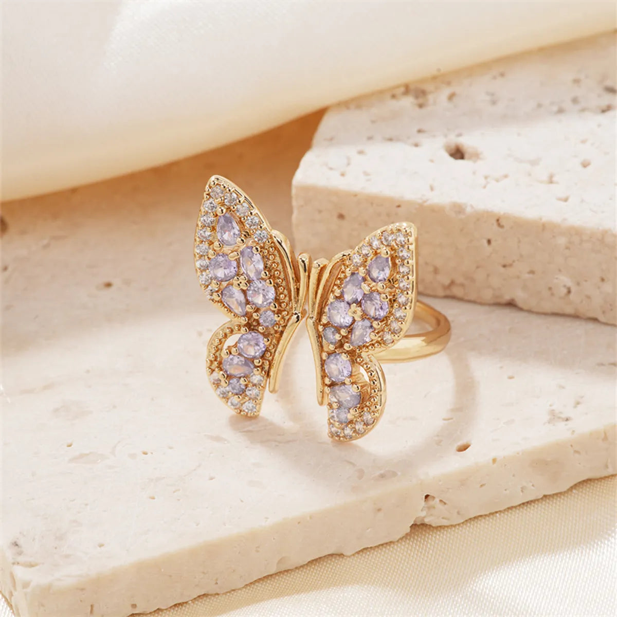 Copper K Gold Plated Rhodium Plated Sweet Simple Style Artistic Inlay Butterfly Zircon Open Rings