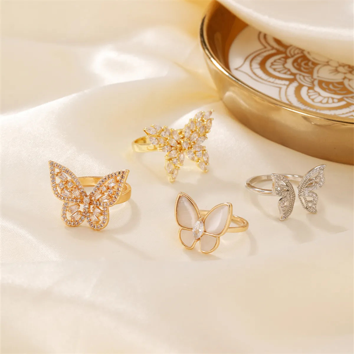 Copper K Gold Plated Rhodium Plated Sweet Simple Style Artistic Inlay Butterfly Zircon Open Rings