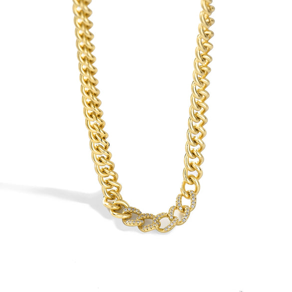 Copper 18K Gold Plated Zircon Rough Cuban Chain Necklace For Women With Geometric Styling