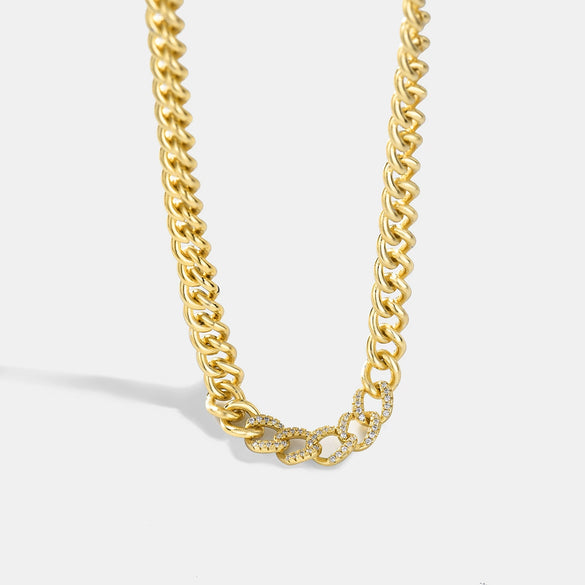 Copper 18K Gold Plated Zircon Rough Cuban Chain Necklace For Women With Geometric Styling