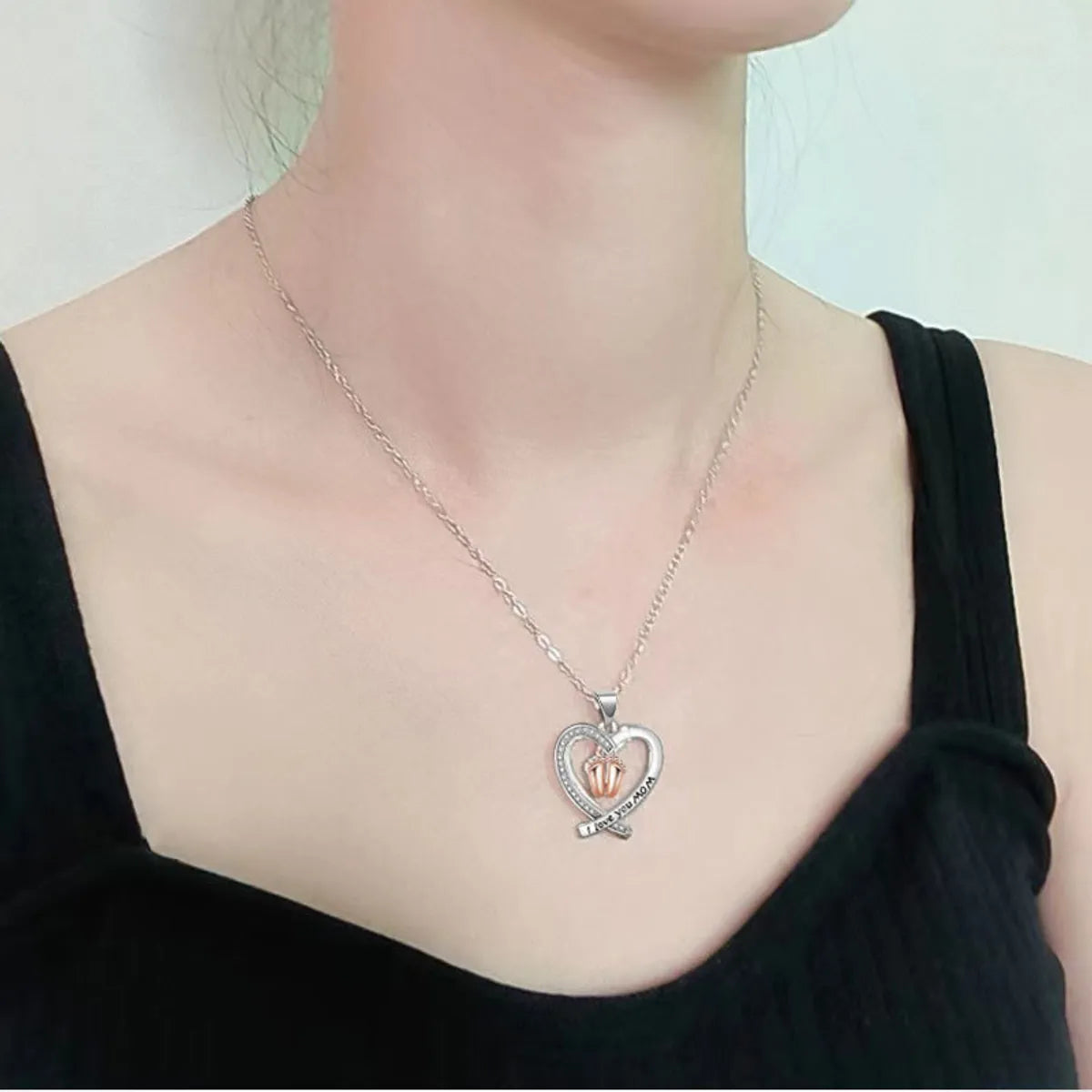 Copper MAMA Simple Style Letter Heart Shape Footprint Hollow Out Inlay Zircon Pendant Necklace