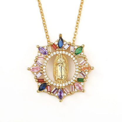 Copper Micro-inlaid Colored Zircon Virgin Mary Pendant Necklace