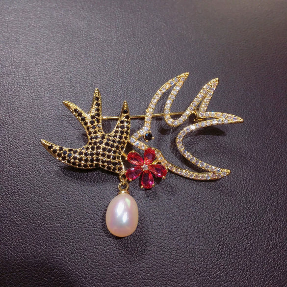 Copper Microinlaid Natural Freshwater Pearl Animalshaped Brooch Highend Craft For Women