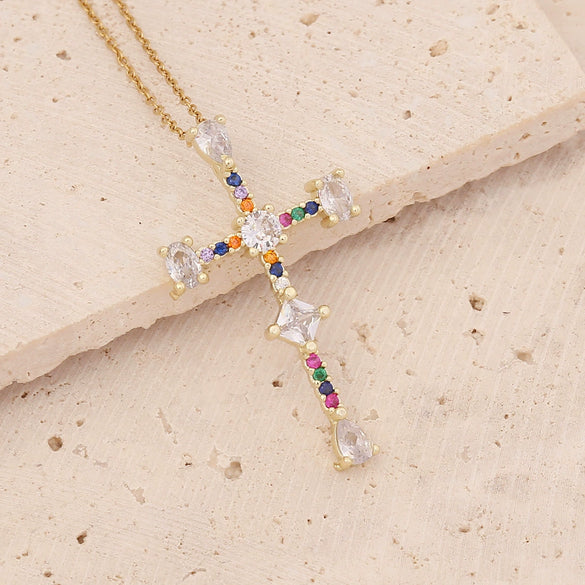 Copper Microinlaid Zircon Cross Pendant Hip Hop Fashion Necklace