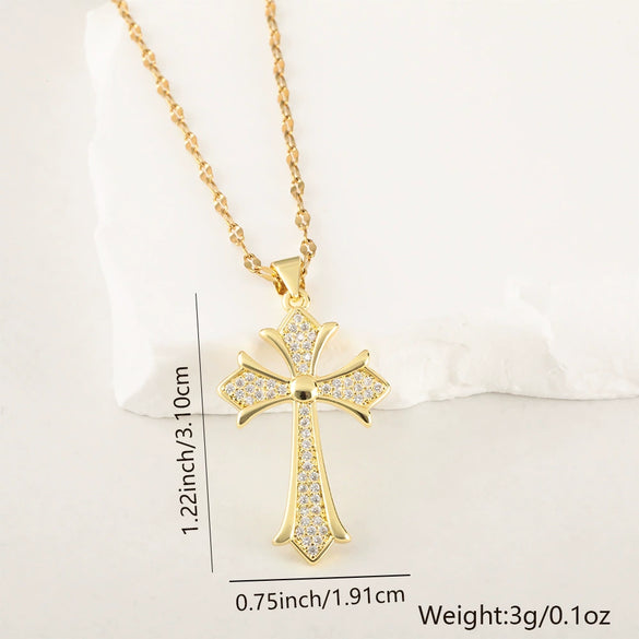 Copper Microinlaid Zircon Cross Pendant Necklace With Electroplating And Niche Design