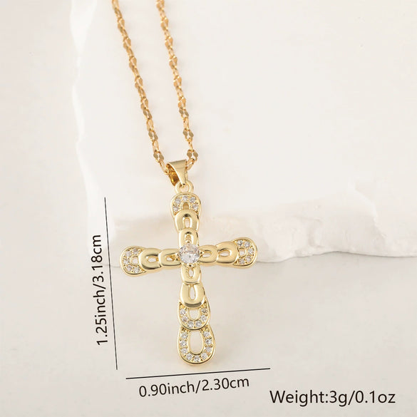 Copper Microinlaid Zircon Cross Pendant Necklace With Electroplating And Niche Design