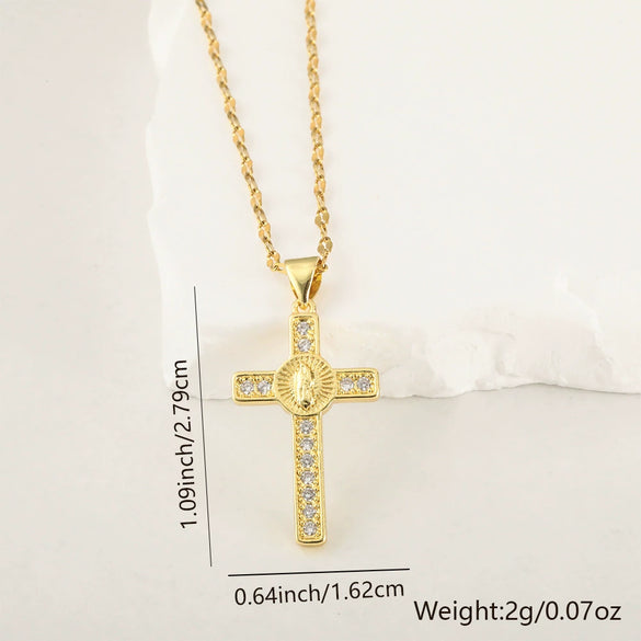 Copper Microinlaid Zircon Cross Pendant Necklace With Electroplating And Niche Design