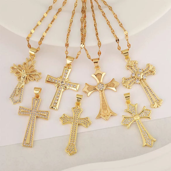 Copper Microinlaid Zircon Cross Pendant Necklace With Electroplating And Niche Design