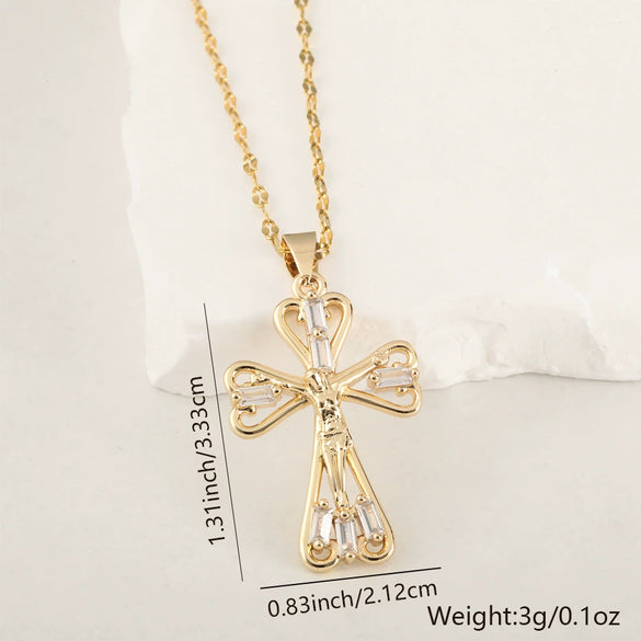 Copper Microinlaid Zircon Cross Pendant Necklace With Electroplating And Niche Design