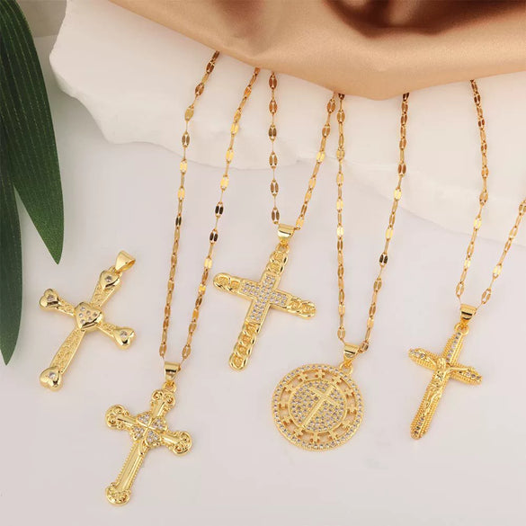 Copper Microinlaid Zircon Cross Pendant Necklace With Electroplating And Niche Design
