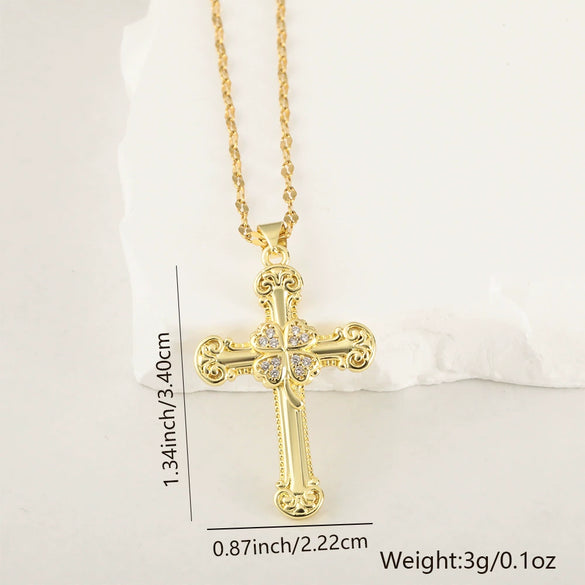 Copper Microinlaid Zircon Cross Pendant Necklace With Electroplating And Niche Design