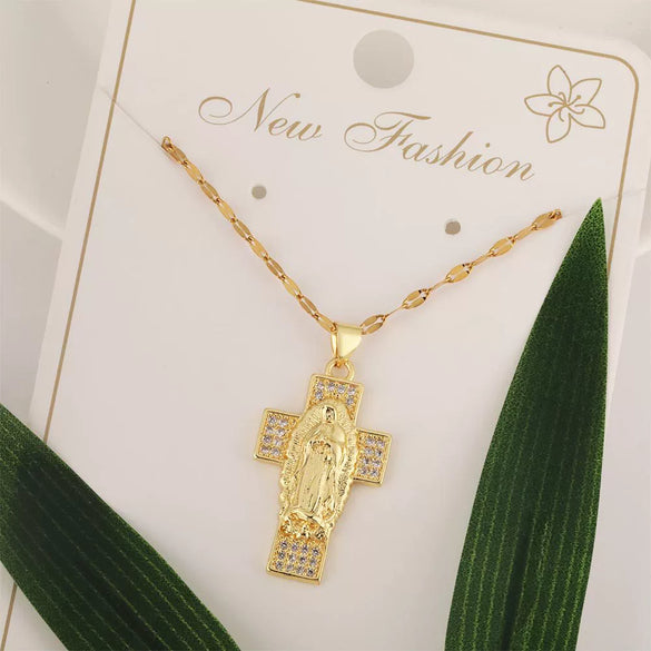 Copper Microinlaid Zircon Cross Pendant Necklace With Electroplating And Niche Design