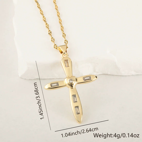 Copper Microinlaid Zircon Cross Pendant Necklace With Electroplating And Niche Design