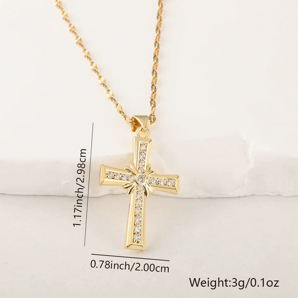Copper Microinlaid Zircon Cross Pendant Necklace With Electroplating And Niche Design