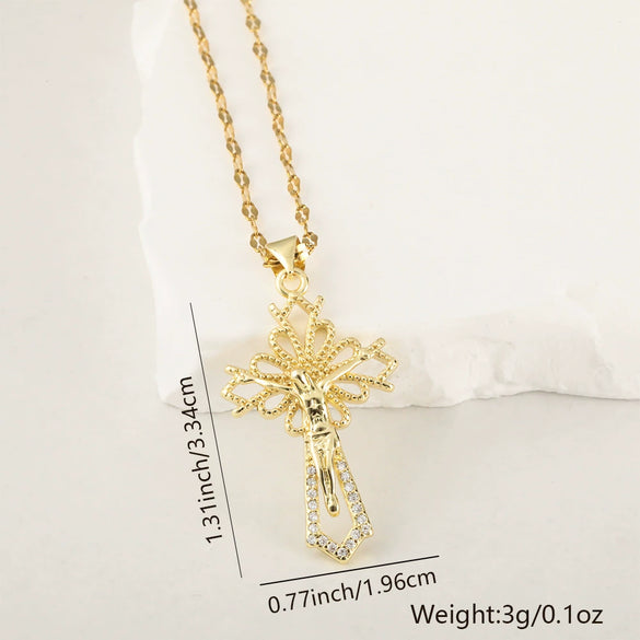 Copper Microinlaid Zircon Cross Pendant Necklace With Electroplating And Niche Design