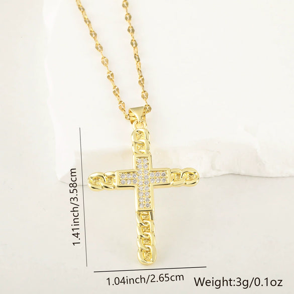 Copper Microinlaid Zircon Cross Pendant Necklace With Electroplating And Niche Design