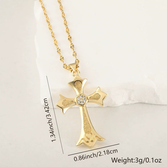 Copper Microinlaid Zircon Cross Pendant Necklace With Electroplating And Niche Design