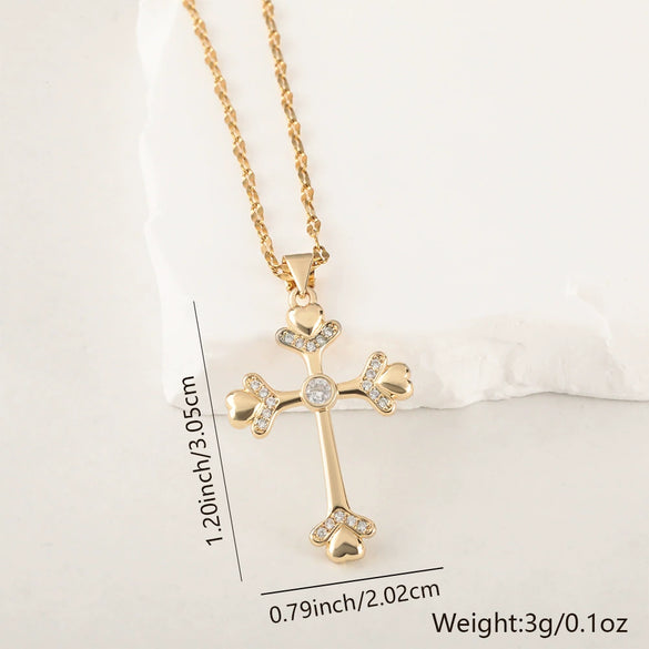 Copper Microinlaid Zircon Cross Pendant Necklace With Electroplating And Niche Design