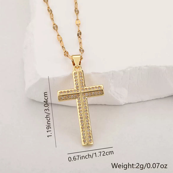 Copper Microinlaid Zircon Cross Pendant Necklace With Electroplating And Niche Design
