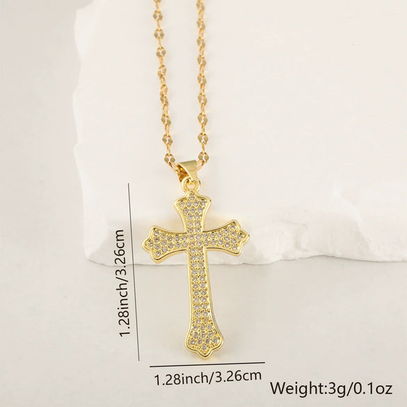 Copper Microinlaid Zircon Cross Pendant Necklace With Electroplating And Niche Design