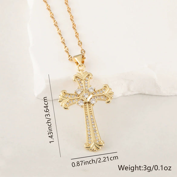 Copper Microinlaid Zircon Cross Pendant Necklace With Electroplating And Niche Design