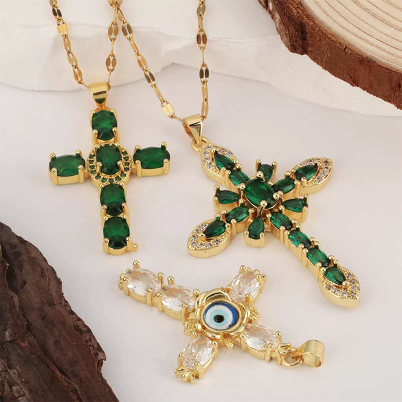 Copper Microinlaid Zircon Geometric Gold Plated Cross Pendant Lip Chain