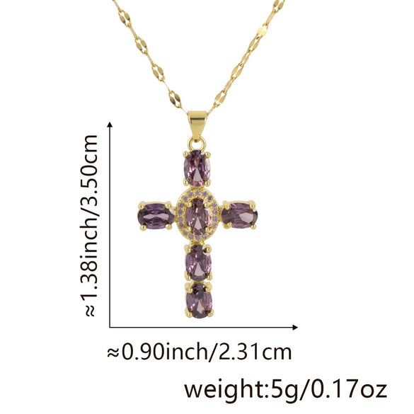 Copper Microinlaid Zircon Geometric Gold Plated Cross Pendant Lip Chain