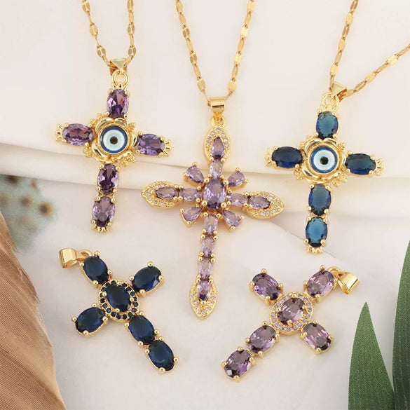 Copper Microinlaid Zircon Geometric Gold Plated Cross Pendant Lip Chain