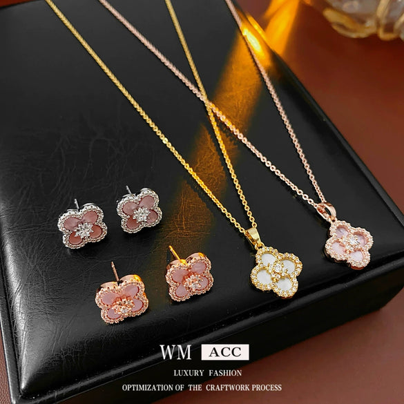 Copper Motherofpearl Clover Flower Earrings And Necklace Set With Zirconia Highend Fashion