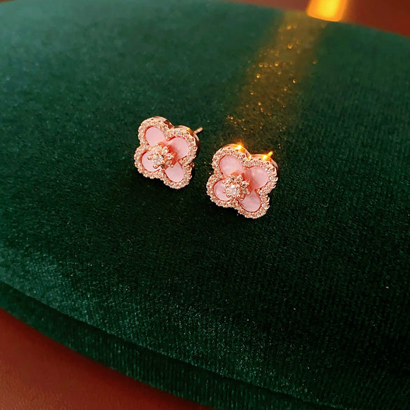 Copper Motherofpearl Clover Flower Earrings And Necklace Set With Zirconia Highend Fashion