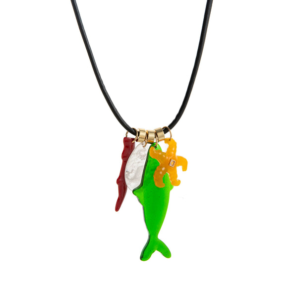 Copper Multipendant Necklace With Small Fish Starfish Fish Bone Shapes And Stainless Steel Vacuum Plating