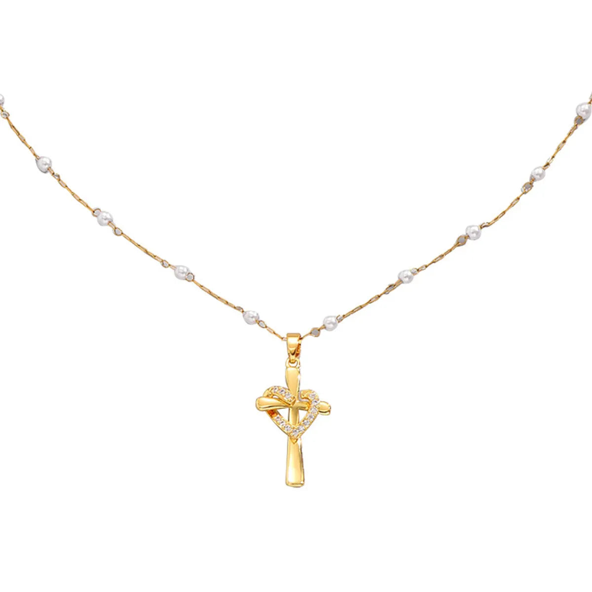 Copper Pearl Inlay Cross Heart Shape Zircon Pendant Necklace