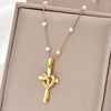 Copper Pearl Inlay Cross Heart Shape Zircon Pendant Necklace