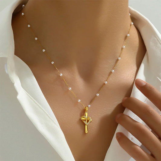 Copper Pearl Inlay Cross Heart Shape Zircon Pendant Necklace