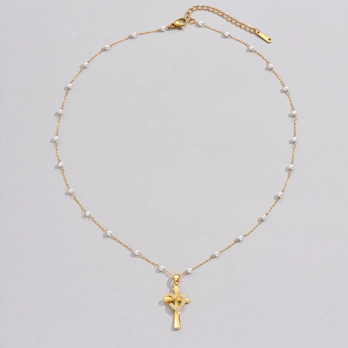 Copper Pearl Inlay Cross Heart Shape Zircon Pendant Necklace