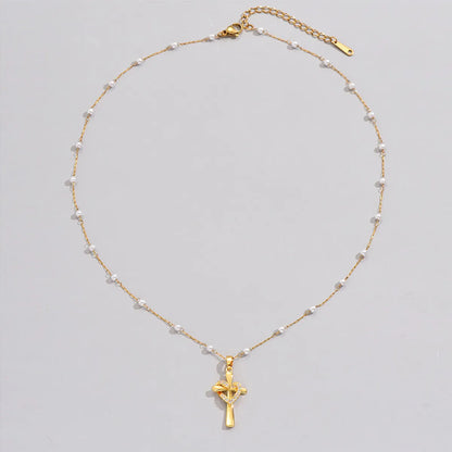 Copper Pearl Inlay Cross Heart Shape Zircon Pendant Necklace