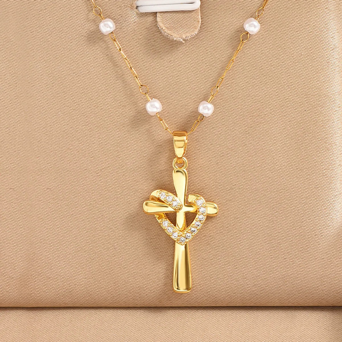 Copper Pearl Inlay Cross Heart Shape Zircon Pendant Necklace