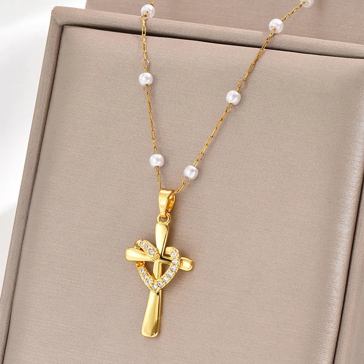 Copper Pearl Inlay Cross Heart Shape Zircon Pendant Necklace